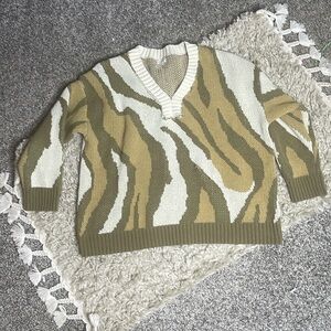 Pol distressed animal print green tan white large bulky sweater